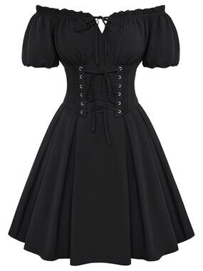 Off Shoulder Puff Sleeve Renaissance Mini Dress A-Line Corset Laced Back